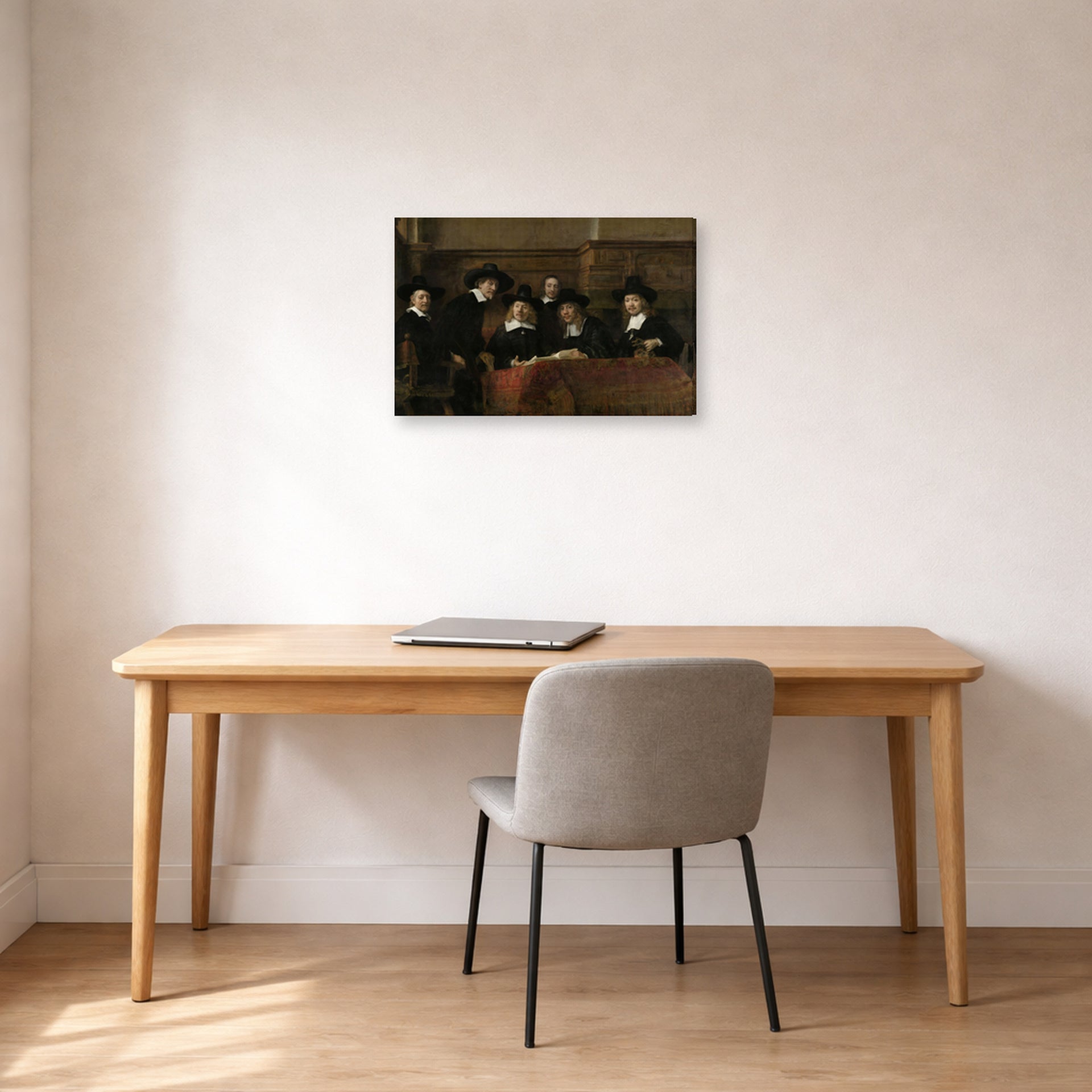 Gallery-wrapped canvas print of Rembrandt's The Syndics of the Clothmakers Guild displayed on a wall in an office