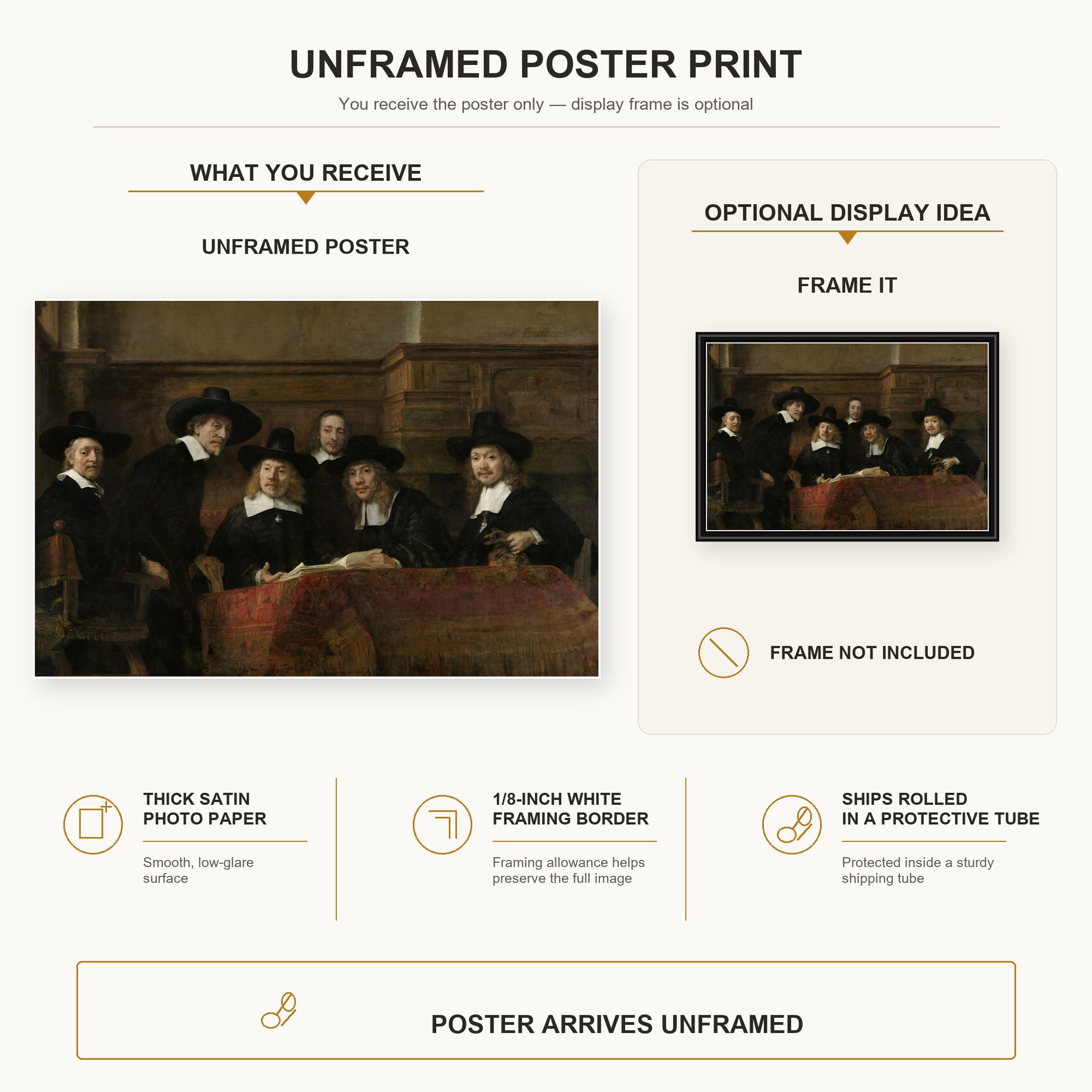 Rembrandt - The Syndics of the Clothmakers Guild poster print size comparison and framing display infographic