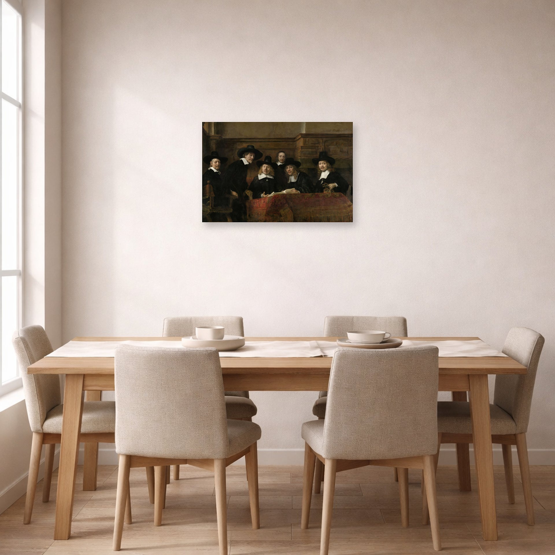 Unframed poster print of Rembrandt's The Syndics of the Clothmakers Guild displayed on a wall in a dining room