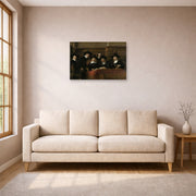 Unframed poster print of Rembrandt's The Syndics of the Clothmakers Guild displayed on a wall in a living room