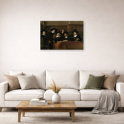 Unframed poster print of Rembrandt's The Syndics of the Clothmakers Guild displayed on a wall in a living room