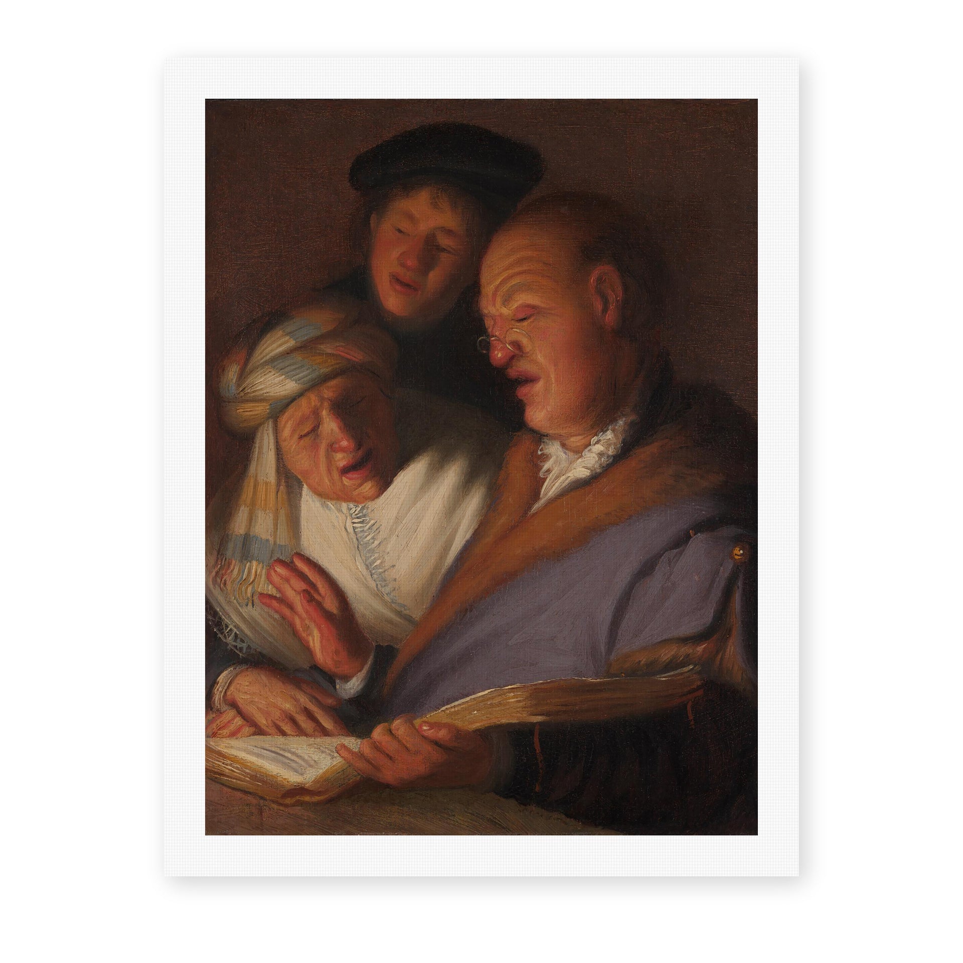 Rembrandt's 'The Three Musicians (an Allegory of Hearing)' painting reproduced as a rolled canvas print