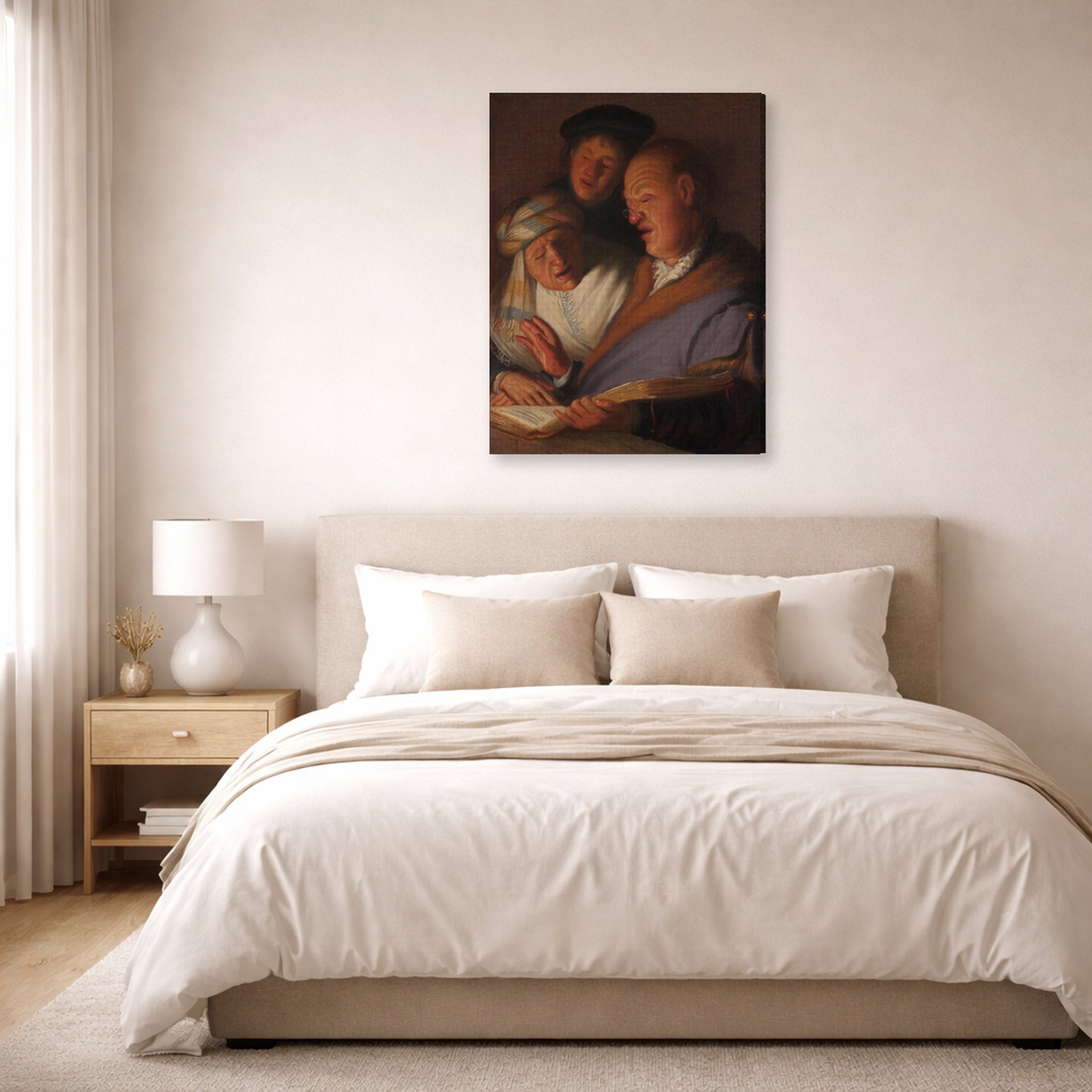 Gallery-wrapped canvas print of Rembrandt's The Three Musicians (an Allegory of Hearing) displayed on a wall in a bedroom