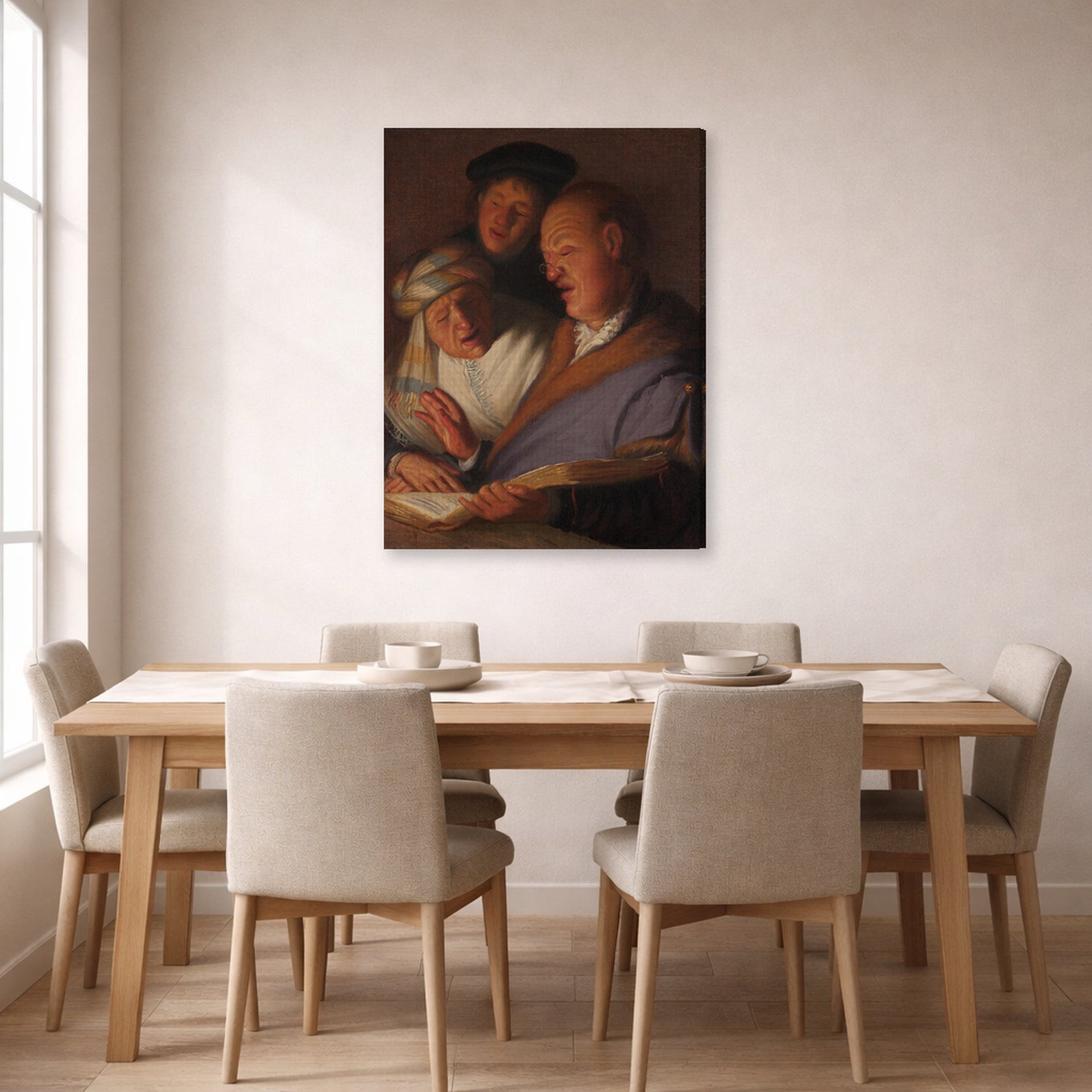 Gallery-wrapped canvas print of Rembrandt's The Three Musicians (an Allegory of Hearing) displayed on a wall in a dining room
