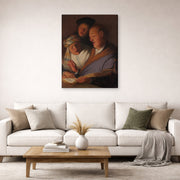 Gallery-wrapped canvas print of Rembrandt's The Three Musicians (an Allegory of Hearing) displayed on a wall in a living room
