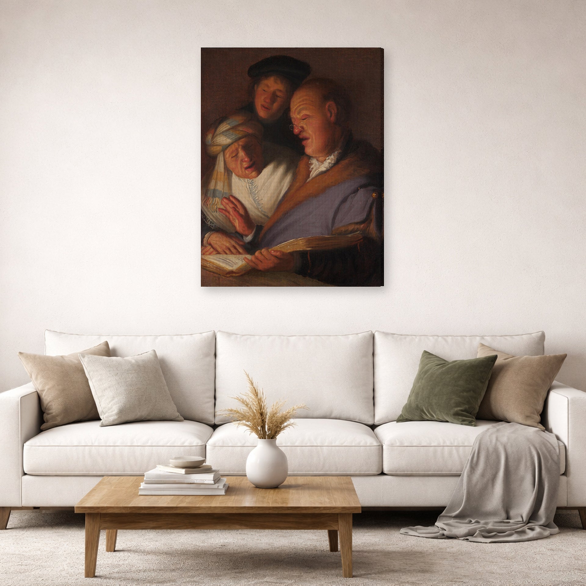 Gallery-wrapped canvas print of Rembrandt's The Three Musicians (an Allegory of Hearing) displayed on a wall in a living room