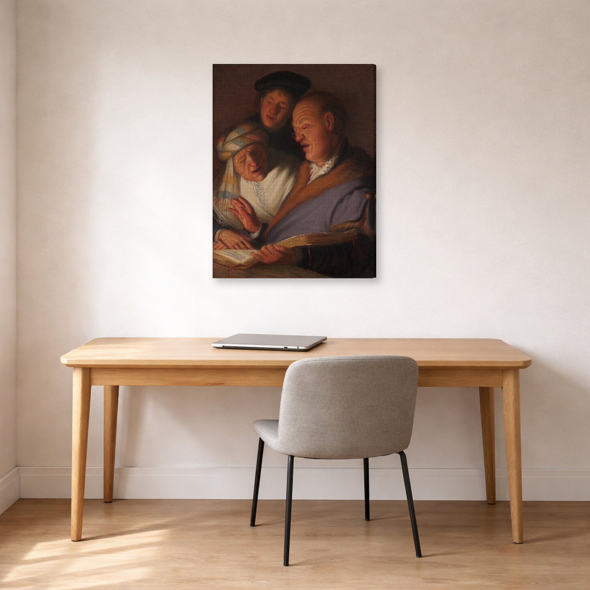 Gallery-wrapped canvas print of Rembrandt's The Three Musicians (an Allegory of Hearing) displayed on a wall in an office