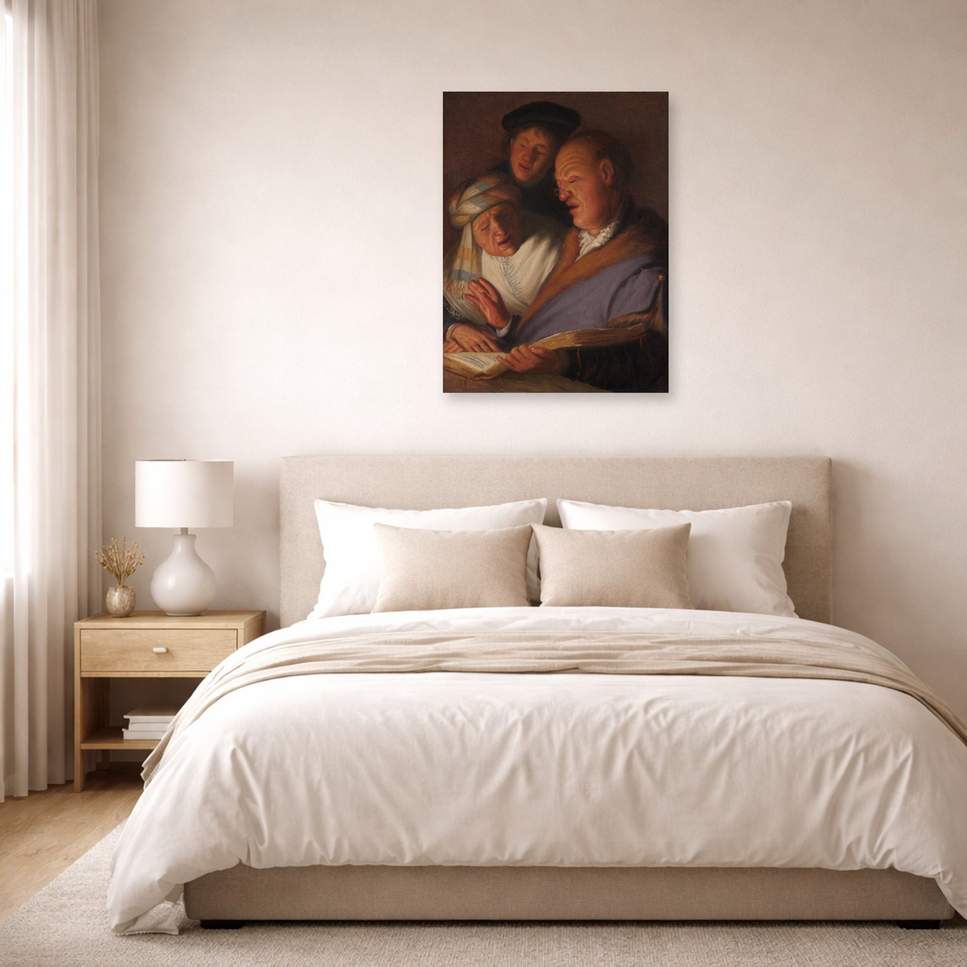 Unframed poster print of Rembrandt's The Three Musicians (an Allegory of Hearing) displayed on a wall in a bedroom