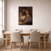 Unframed poster print of Rembrandt's The Three Musicians (an Allegory of Hearing) displayed on a wall in a dining room
