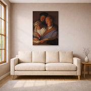 Unframed poster print of Rembrandt's The Three Musicians (an Allegory of Hearing) displayed on a wall in a living room