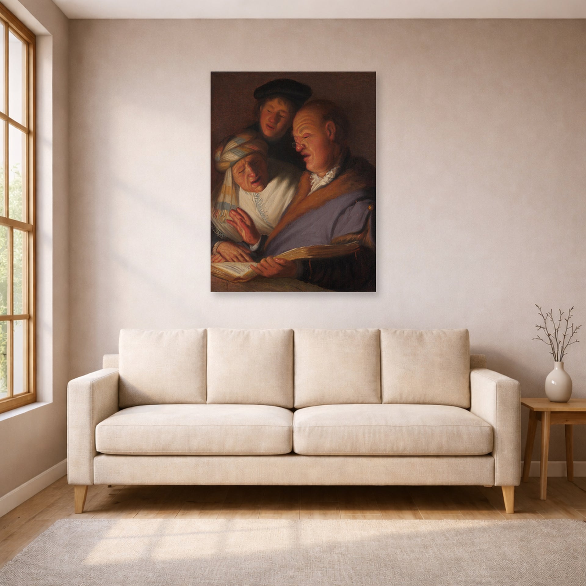 Unframed poster print of Rembrandt's The Three Musicians (an Allegory of Hearing) displayed on a wall in a living room