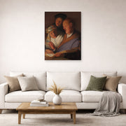 Unframed poster print of Rembrandt's The Three Musicians (an Allegory of Hearing) displayed on a wall in a living room