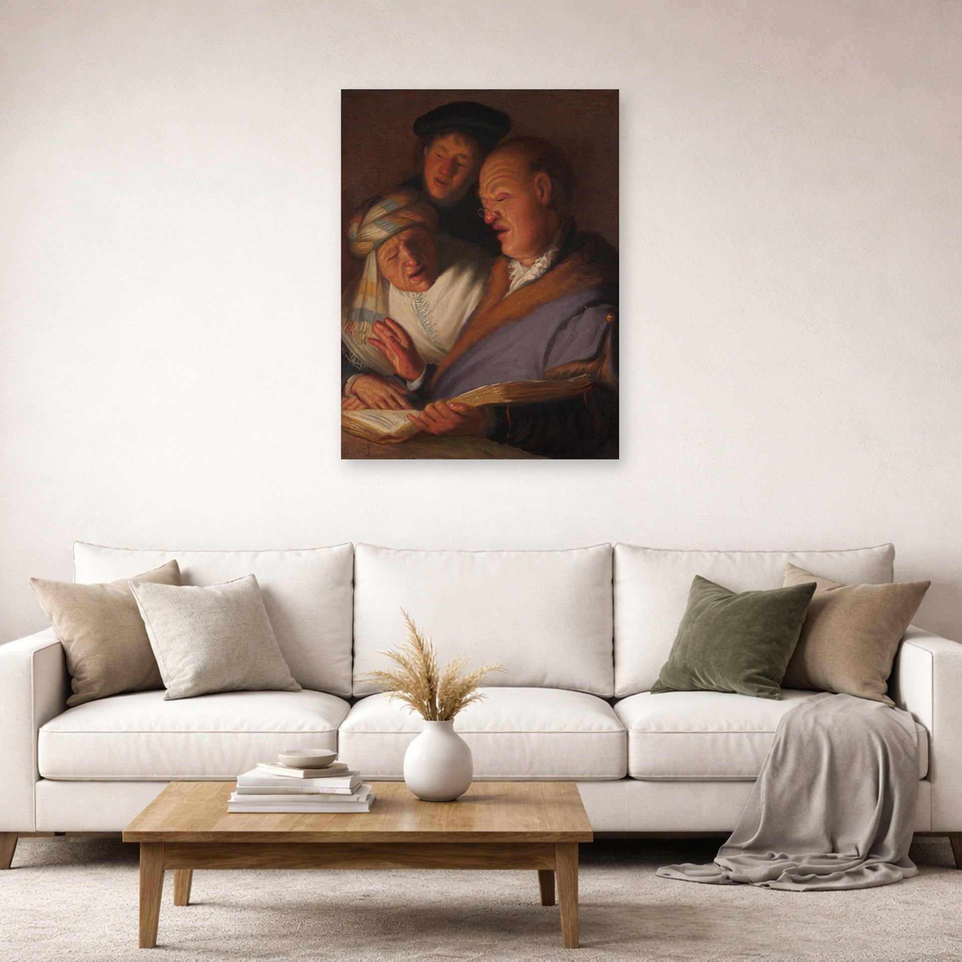 Unframed poster print of Rembrandt's The Three Musicians (an Allegory of Hearing) displayed on a wall in a living room