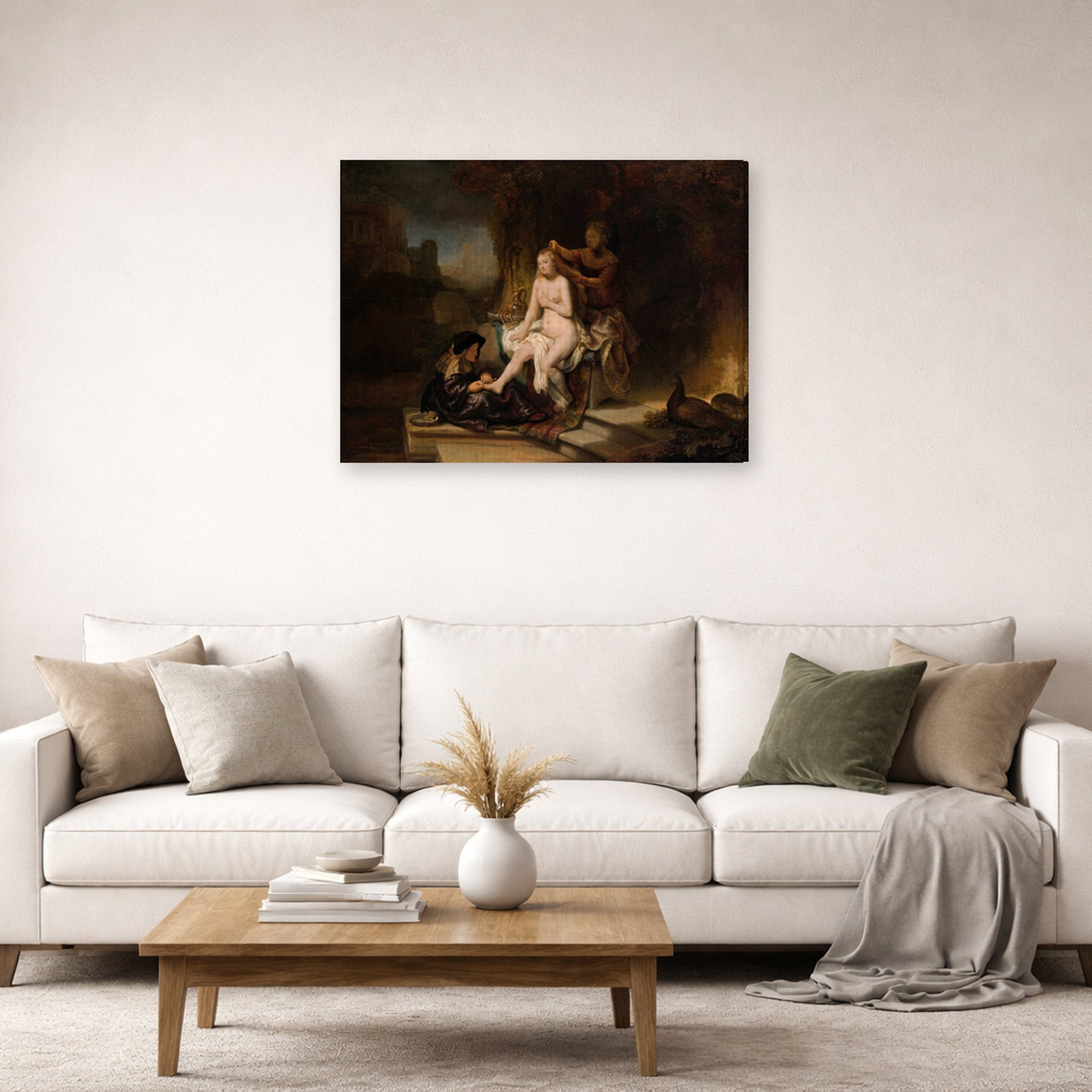 Gallery-wrapped canvas print of Rembrandt's The Toilet of Bathsheba displayed on a wall in a living room