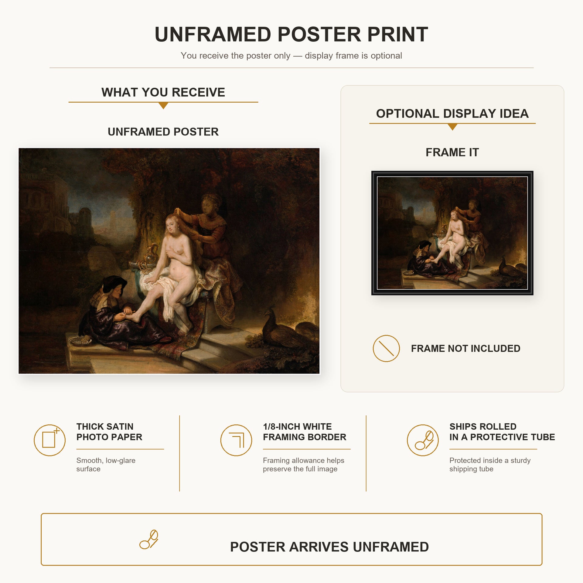 Rembrandt - The Toilet of Bathsheba poster print size comparison and framing display infographic