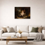 Unframed poster print of Rembrandt's The Toilet of Bathsheba displayed on a wall in a living room