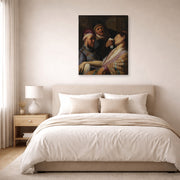 Gallery-wrapped canvas print of Rembrandt's The Unconscious Patient (allegory of Smell) displayed on a wall in a bedroom