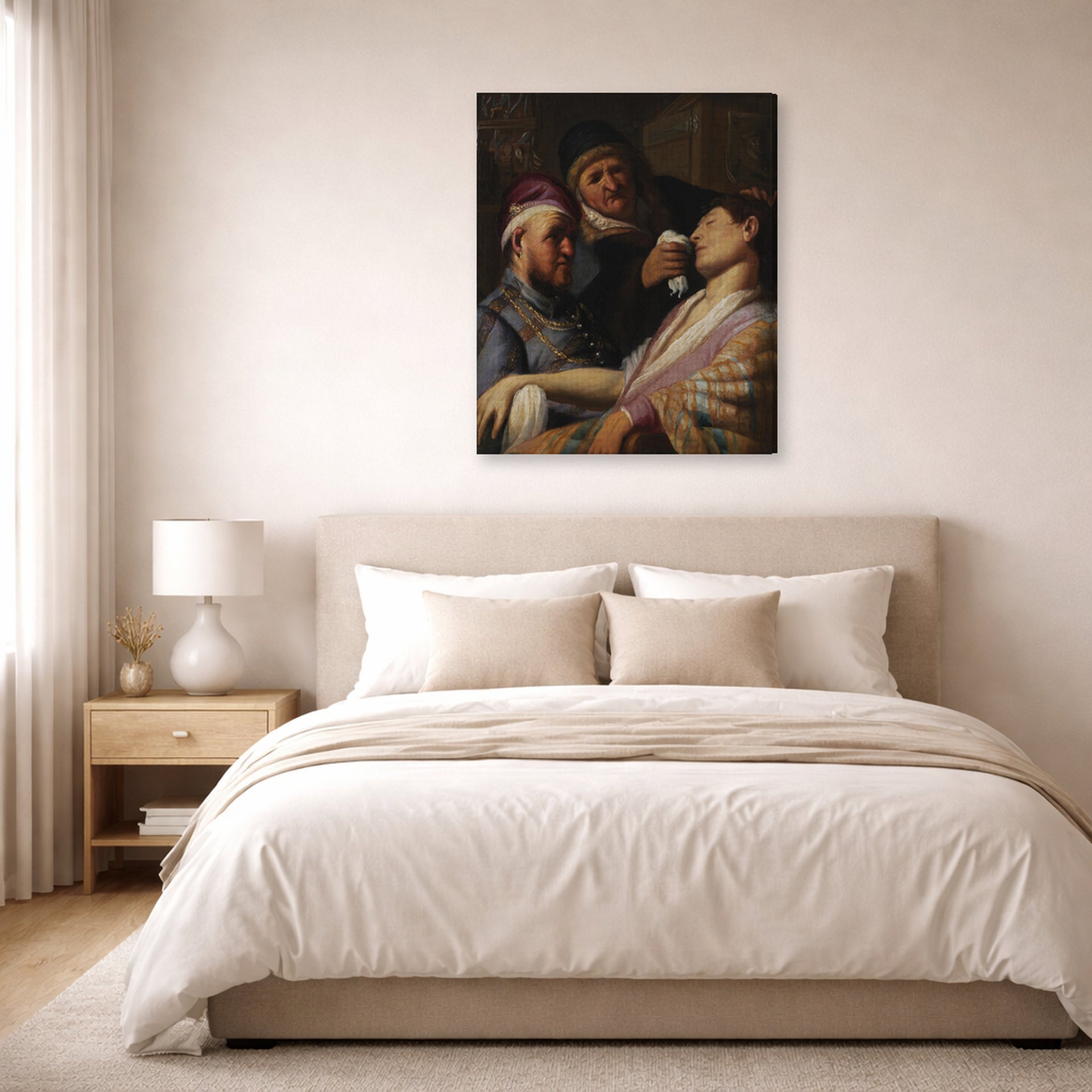 Gallery-wrapped canvas print of Rembrandt's The Unconscious Patient (allegory of Smell) displayed on a wall in a bedroom