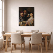 Gallery-wrapped canvas print of Rembrandt's The Unconscious Patient (allegory of Smell) displayed on a wall in a dining room