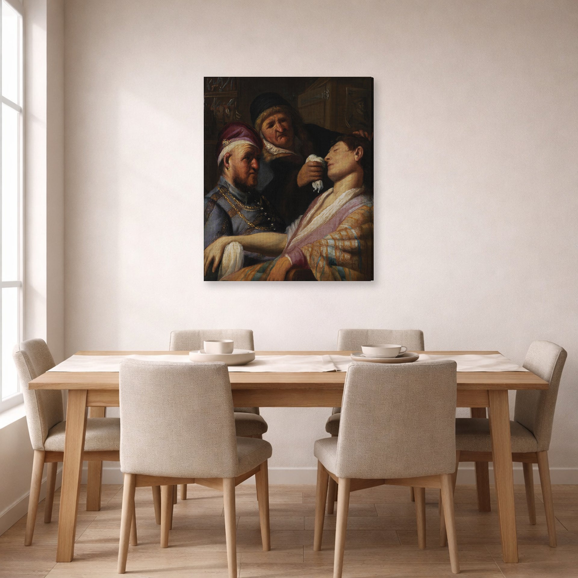Gallery-wrapped canvas print of Rembrandt's The Unconscious Patient (allegory of Smell) displayed on a wall in a dining room