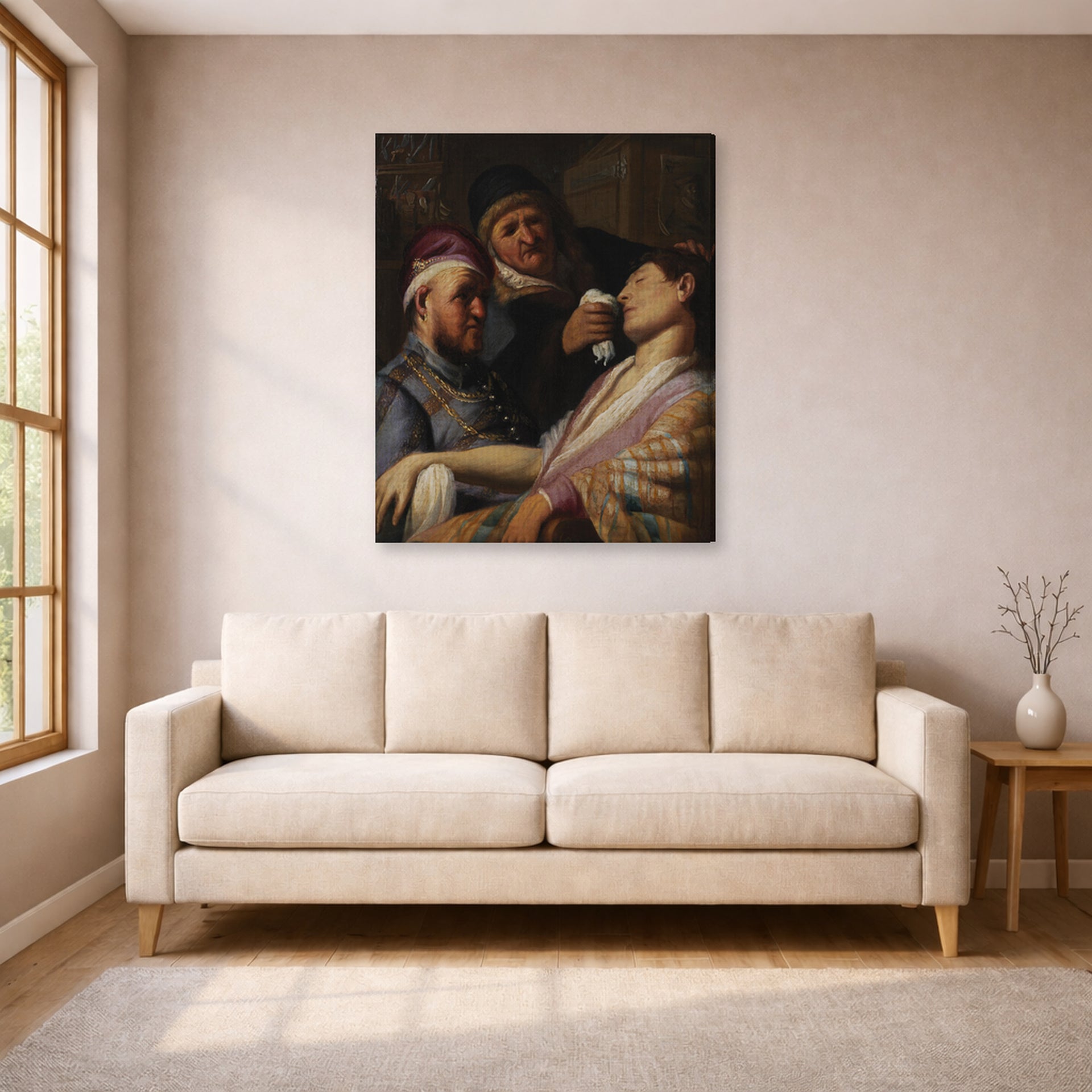 Gallery-wrapped canvas print of Rembrandt's The Unconscious Patient (allegory of Smell) displayed on a wall in a living room