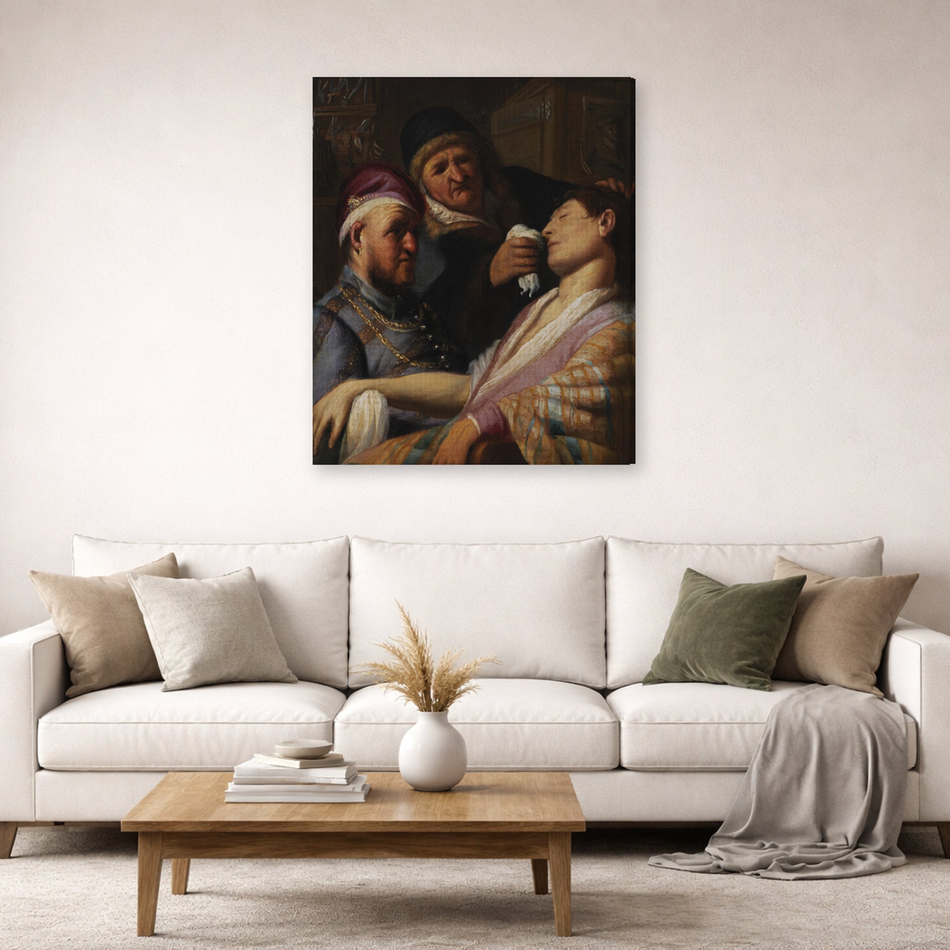 Gallery-wrapped canvas print of Rembrandt's The Unconscious Patient (allegory of Smell) displayed on a wall in a living room