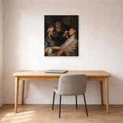 Gallery-wrapped canvas print of Rembrandt's The Unconscious Patient (allegory of Smell) displayed on a wall in an office
