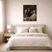 Unframed poster print of Rembrandt's The Unconscious Patient (allegory of Smell) displayed on a wall in a bedroom