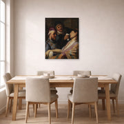 Unframed poster print of Rembrandt's The Unconscious Patient (allegory of Smell) displayed on a wall in a dining room