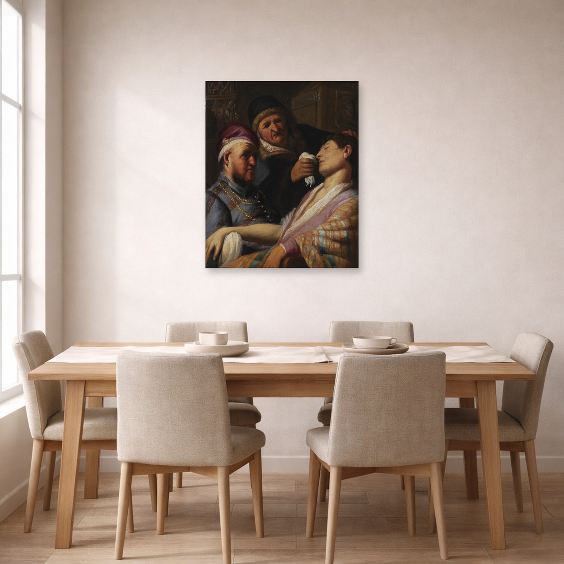 Unframed poster print of Rembrandt's The Unconscious Patient (allegory of Smell) displayed on a wall in a dining room