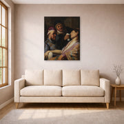 Unframed poster print of Rembrandt's The Unconscious Patient (allegory of Smell) displayed on a wall in a living room