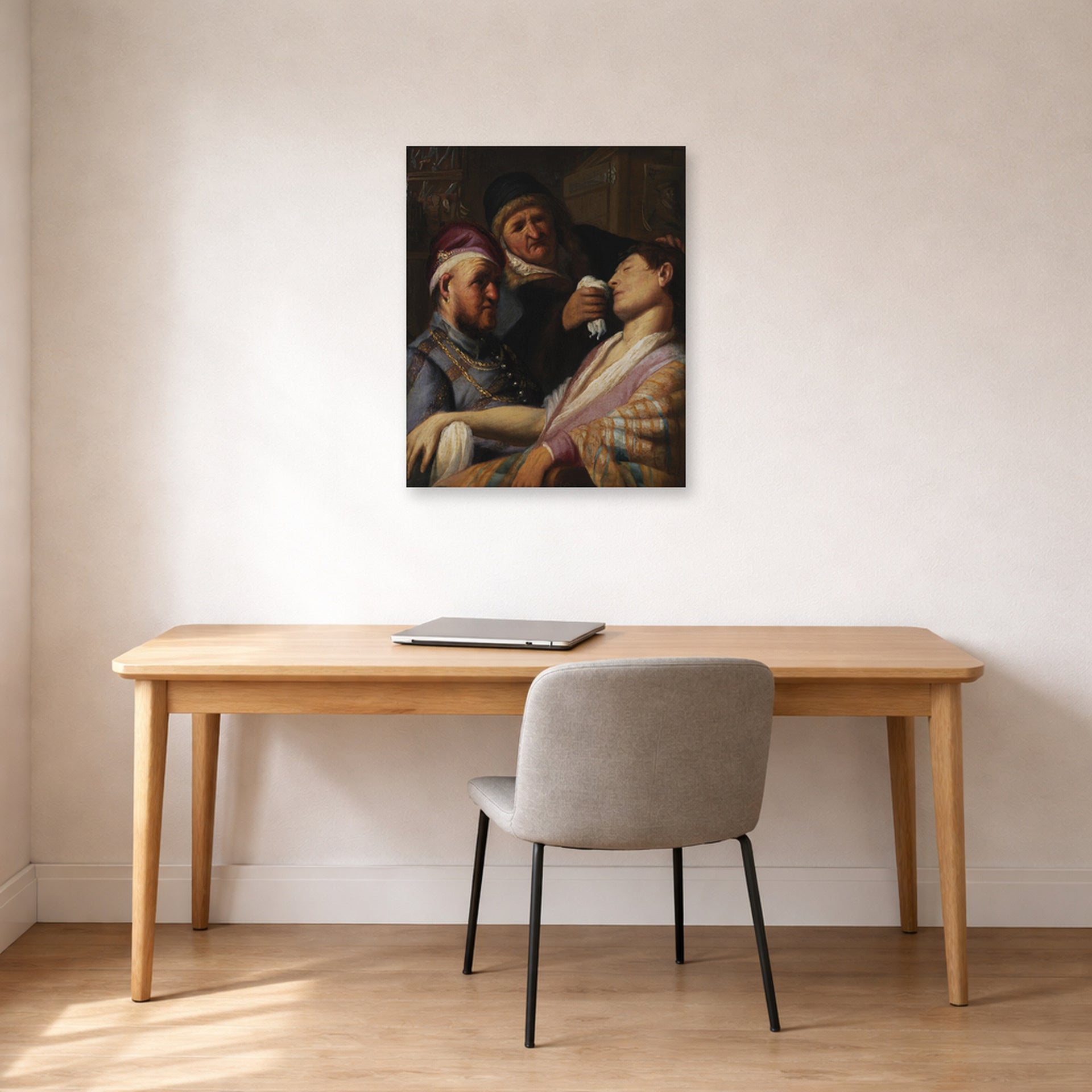 Unframed poster print of Rembrandt's The Unconscious Patient (allegory of Smell) displayed on a wall in an office