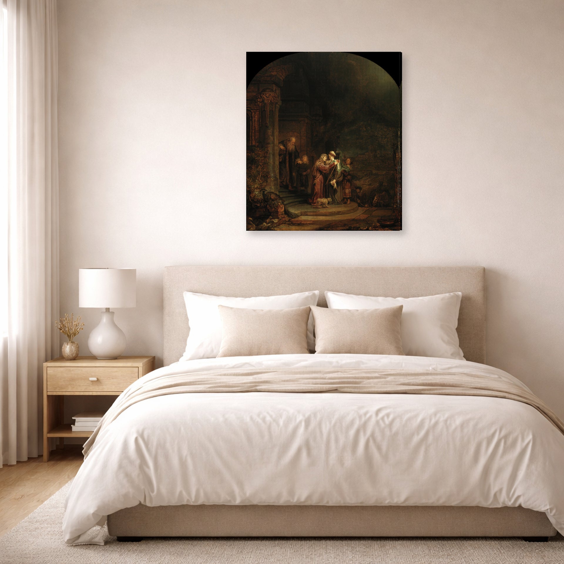 Gallery-wrapped canvas print of Rembrandt's The Visitation displayed on a wall in a bedroom