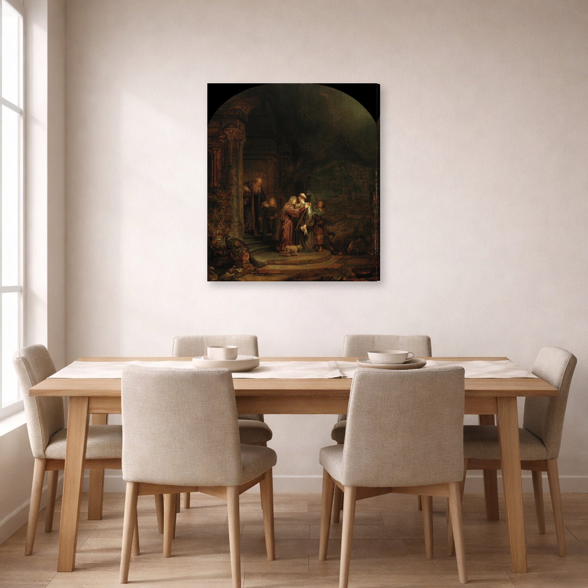 Gallery-wrapped canvas print of Rembrandt's The Visitation displayed on a wall in a dining room