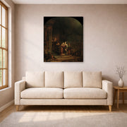 Gallery-wrapped canvas print of Rembrandt's The Visitation displayed on a wall in a living room