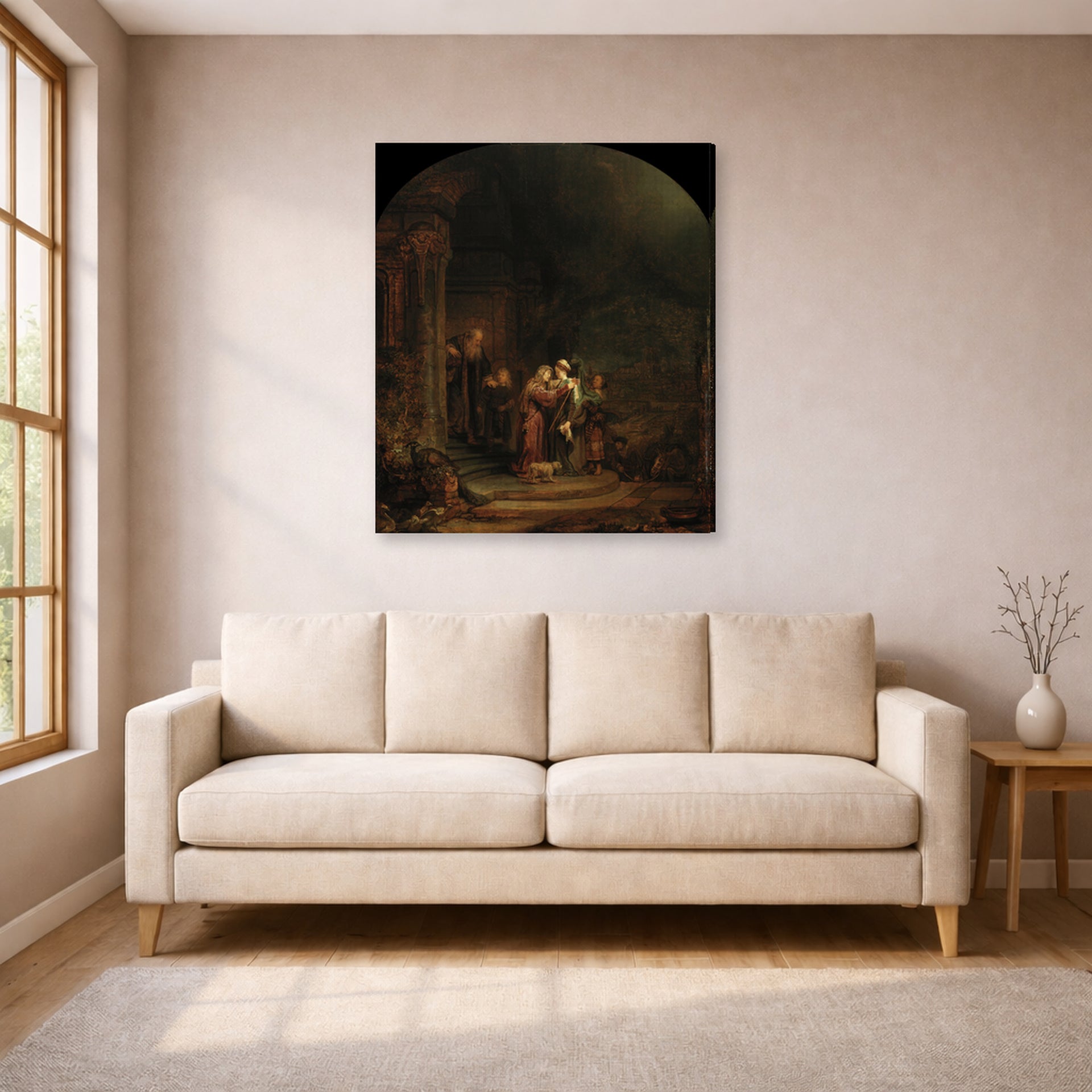 Gallery-wrapped canvas print of Rembrandt's The Visitation displayed on a wall in a living room