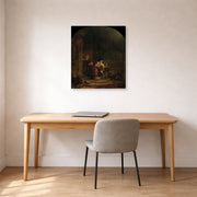 Gallery-wrapped canvas print of Rembrandt's The Visitation displayed on a wall in an office