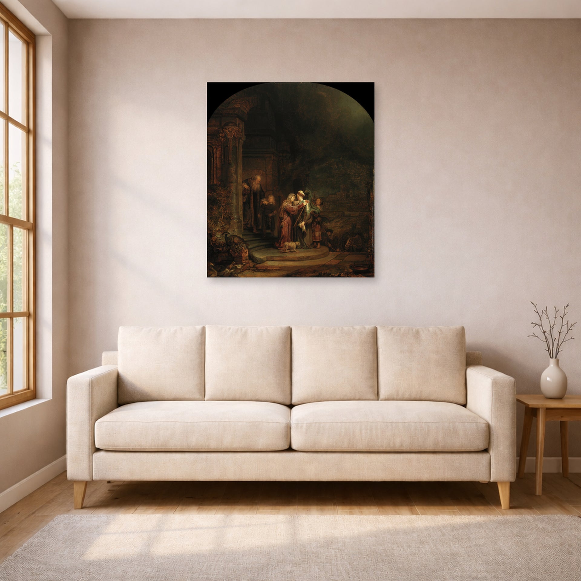 Unframed poster print of Rembrandt's The Visitation displayed on a wall in a living room