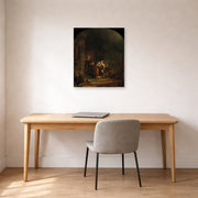 Unframed poster print of Rembrandt's The Visitation displayed on a wall in an office