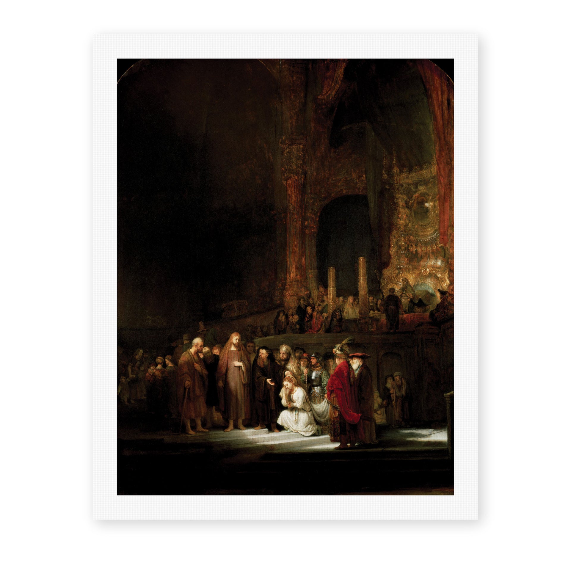 Rembrandt's 'The Woman Taken in Adultery' painting reproduced as a rolled canvas print