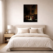 Gallery-wrapped canvas print of Rembrandt's The Woman Taken in Adultery displayed on a wall in a bedroom
