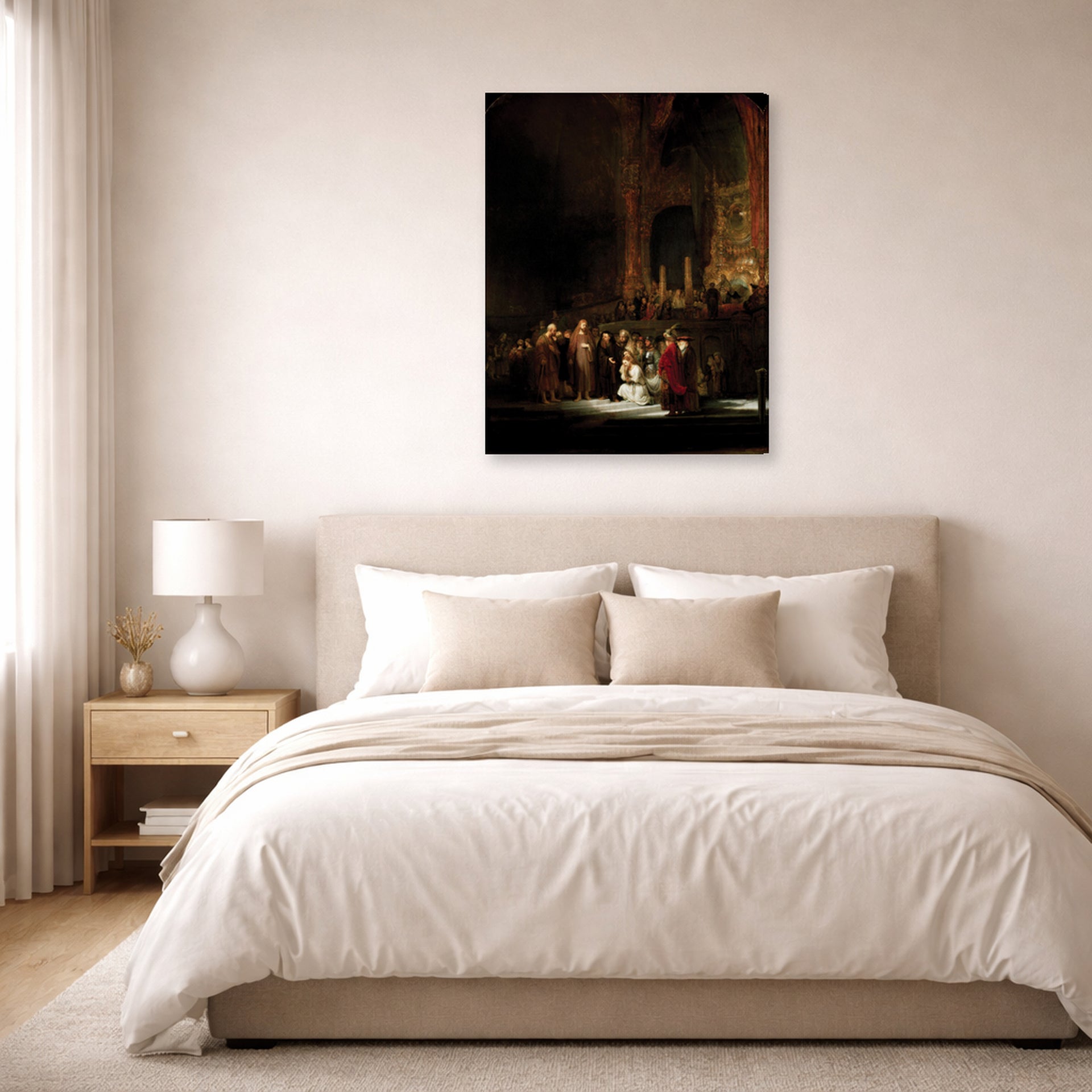 Gallery-wrapped canvas print of Rembrandt's The Woman Taken in Adultery displayed on a wall in a bedroom