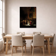 Gallery-wrapped canvas print of Rembrandt's The Woman Taken in Adultery displayed on a wall in a dining room