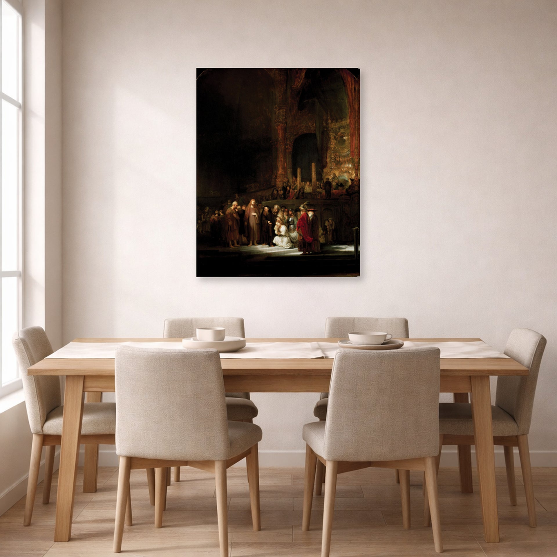 Gallery-wrapped canvas print of Rembrandt's The Woman Taken in Adultery displayed on a wall in a dining room
