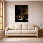 Gallery-wrapped canvas print of Rembrandt's The Woman Taken in Adultery displayed on a wall in a living room