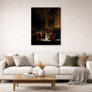 Gallery-wrapped canvas print of Rembrandt's The Woman Taken in Adultery displayed on a wall in a living room