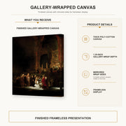 Rembrandt - The Woman Taken in Adultery gallery wrap canvas construction and hanging details infographic