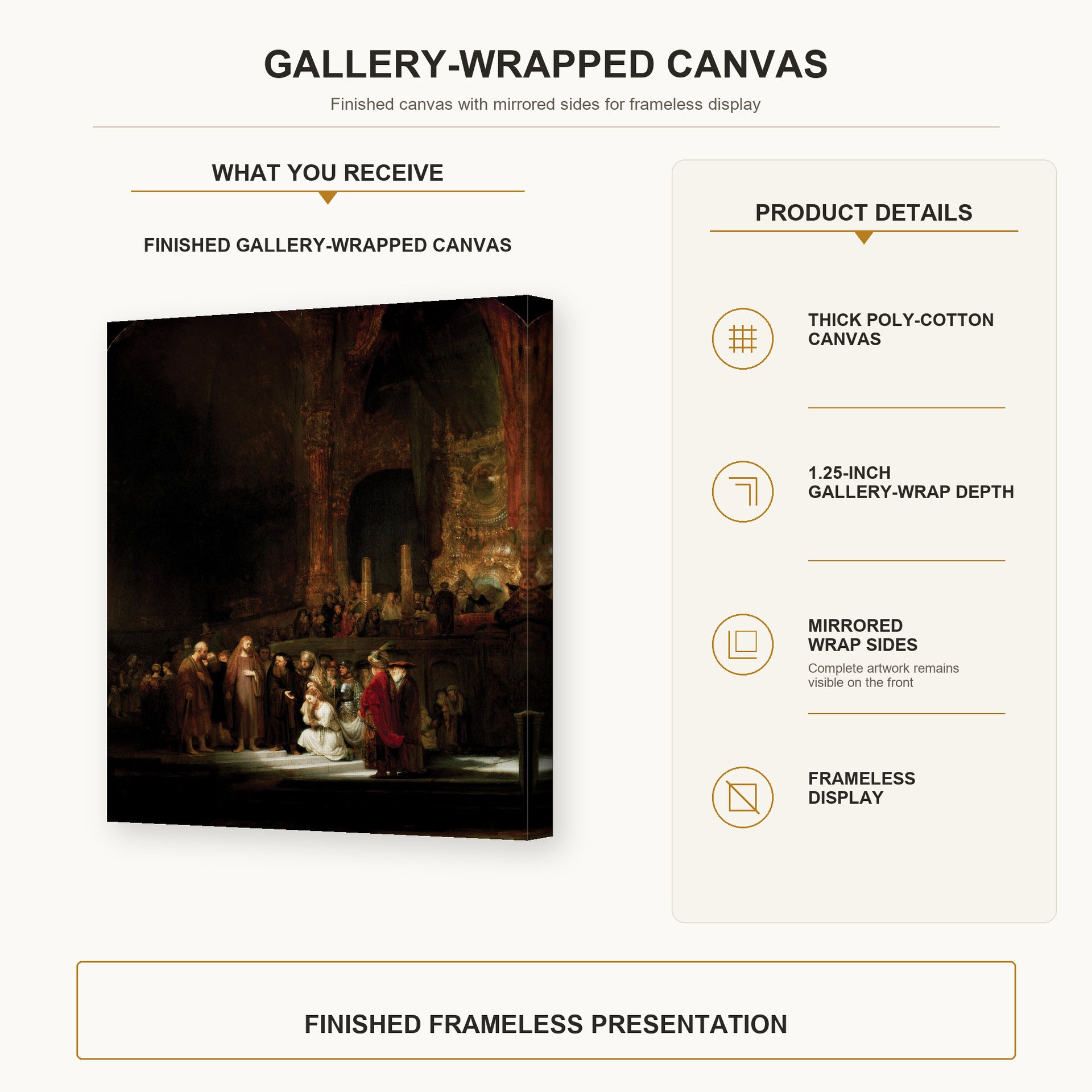Rembrandt - The Woman Taken in Adultery gallery wrap canvas construction and hanging details infographic