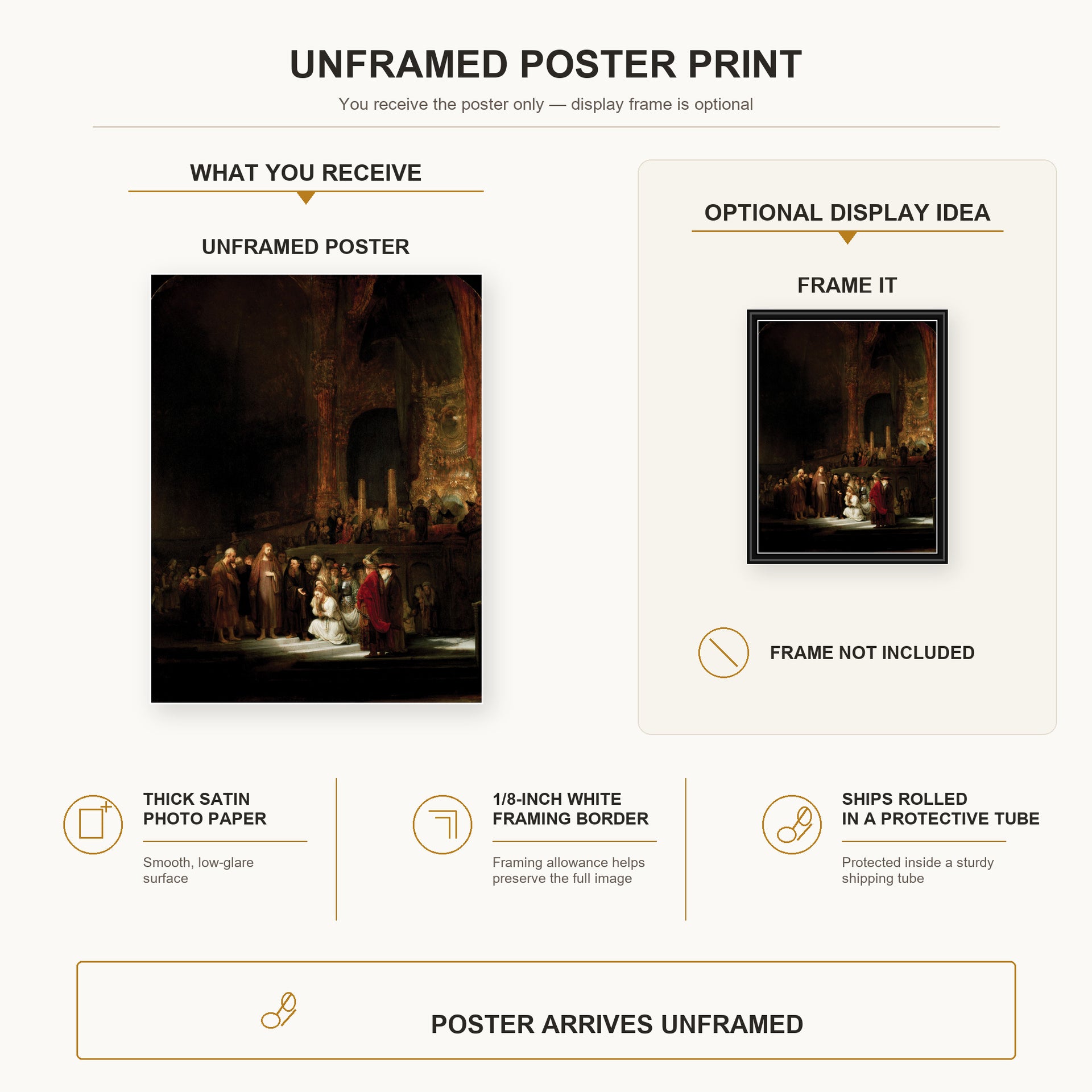 Rembrandt - The Woman Taken in Adultery poster print size comparison and framing display infographic