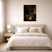 Unframed poster print of Rembrandt's The Woman Taken in Adultery displayed on a wall in a bedroom